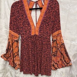 Free People Orange Floral Boho Once In A Summertime Romper.  Size XS